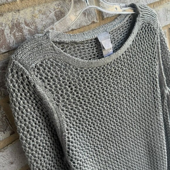 Chico's Long Sleeve Crew Neck Silver/Gray Mesh Open Knit Sweater Size 1 (M) - Picture 5 of 9